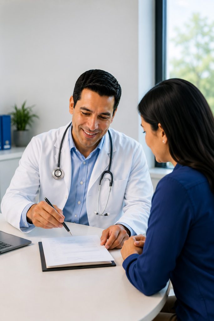 Médico conversando con una paciente durante una consulta en un consultorio moderno. El profesional señala un documento sobre el escritorio mientras explica información relacionada con la atención médica. La escena transmite una comunicación cercana, orientación personalizada y un ambiente de confianza.