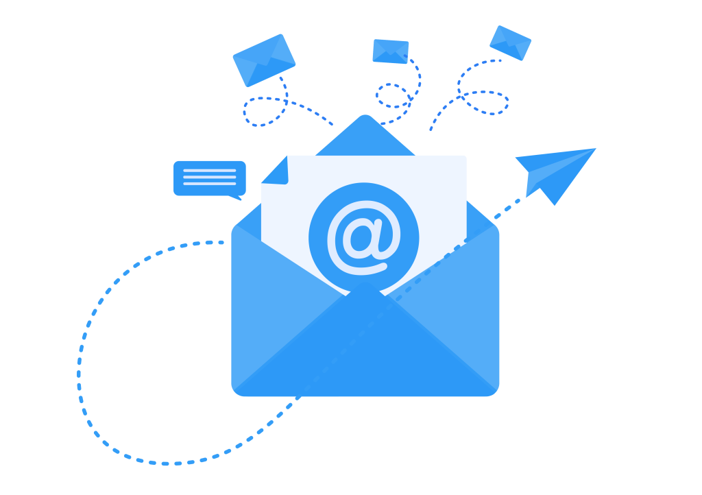 Email concept Ilustración de un sobre de correo electrónico azul abierto con un símbolo de arroba (@), un avión de papel, mensajes y sobres flotando alrededor, representando comunicación por correo electrónico y contacto.
